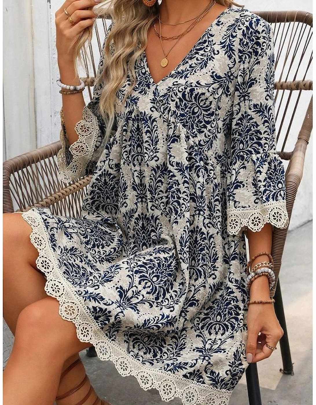 Sky Blue Vintage Printed Lace Trim V Neck 3/4 Sleeve Loose Dress