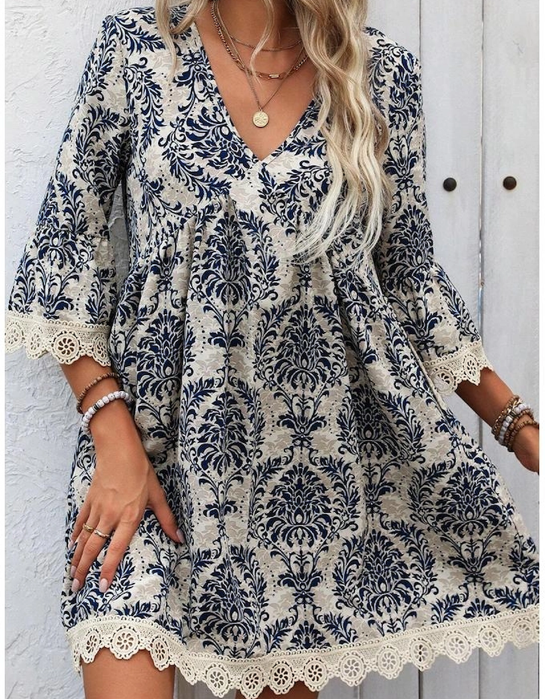 Sky Blue Vintage Printed Lace Trim V Neck 3/4 Sleeve Loose Dress