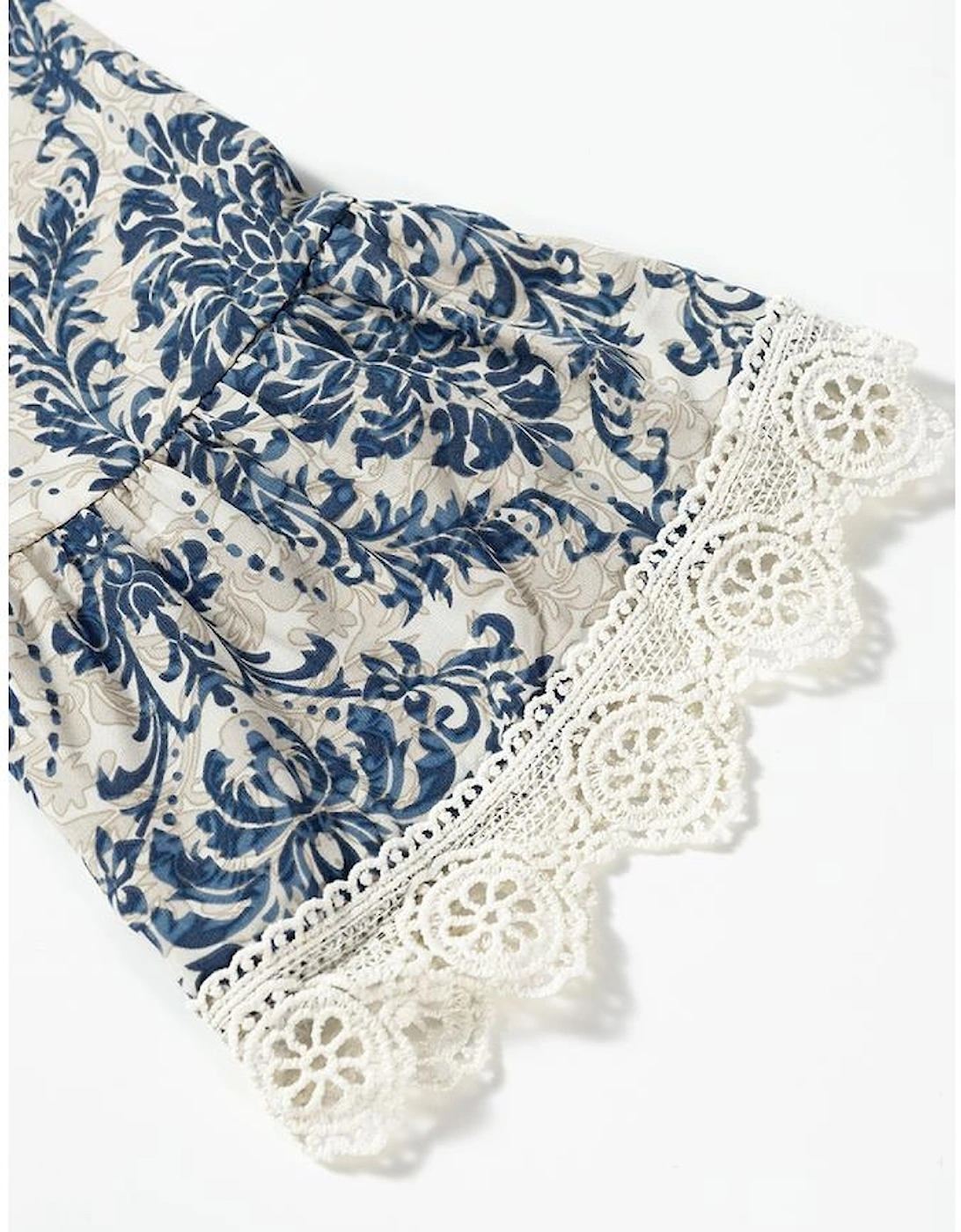 Sky Blue Vintage Printed Lace Trim V Neck 3/4 Sleeve Loose Dress