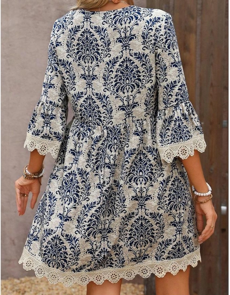 Sky Blue Vintage Printed Lace Trim V Neck 3/4 Sleeve Loose Dress