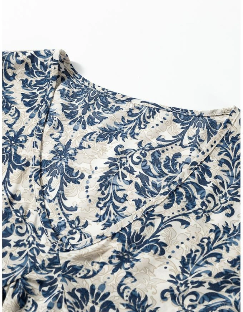 Sky Blue Vintage Printed Lace Trim V Neck 3/4 Sleeve Loose Dress