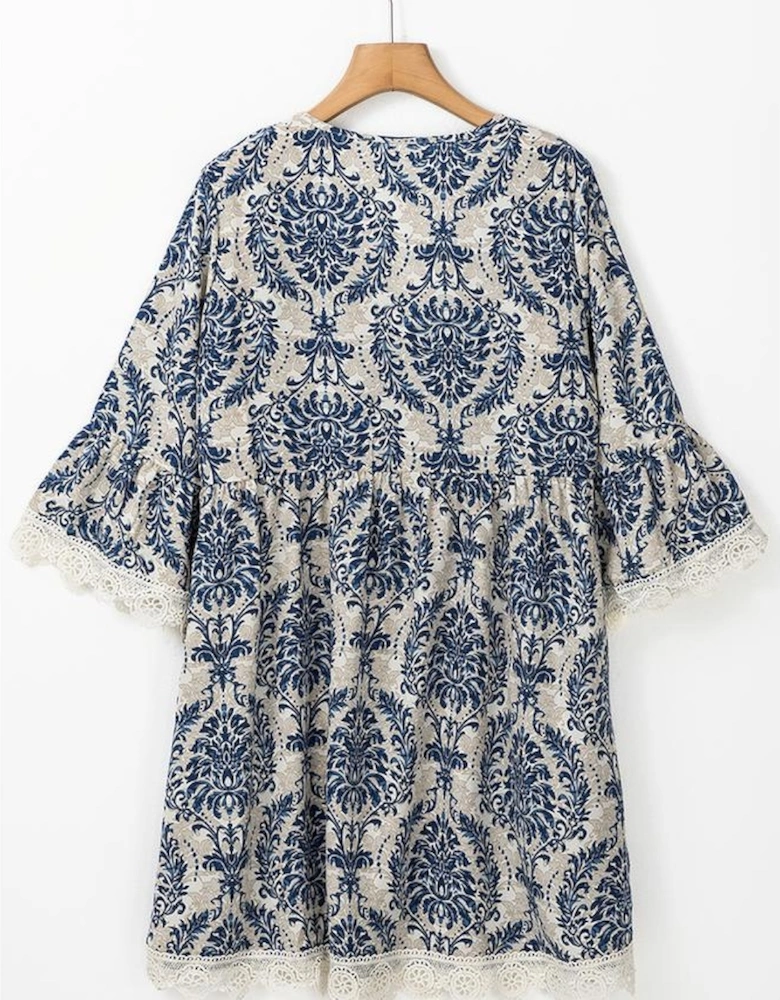Sky Blue Vintage Printed Lace Trim V Neck 3/4 Sleeve Loose Dress