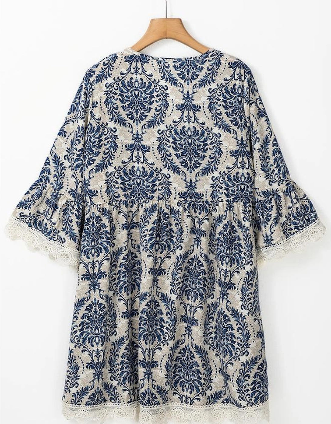 Sky Blue Vintage Printed Lace Trim V Neck 3/4 Sleeve Loose Dress