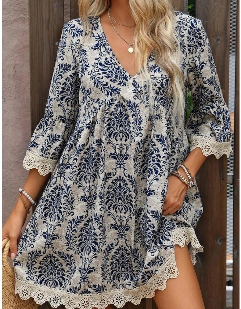 Sky Blue Vintage Printed Lace Trim V Neck 3/4 Sleeve Loose Dress