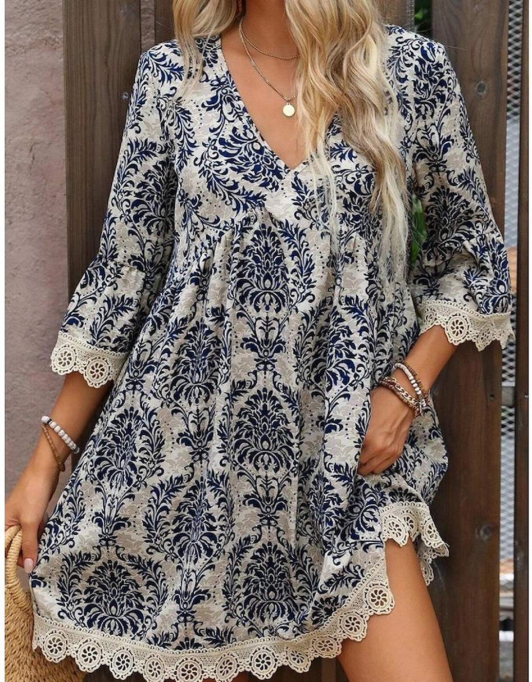 Sky Blue Vintage Printed Lace Trim V Neck 3/4 Sleeve Loose Dress