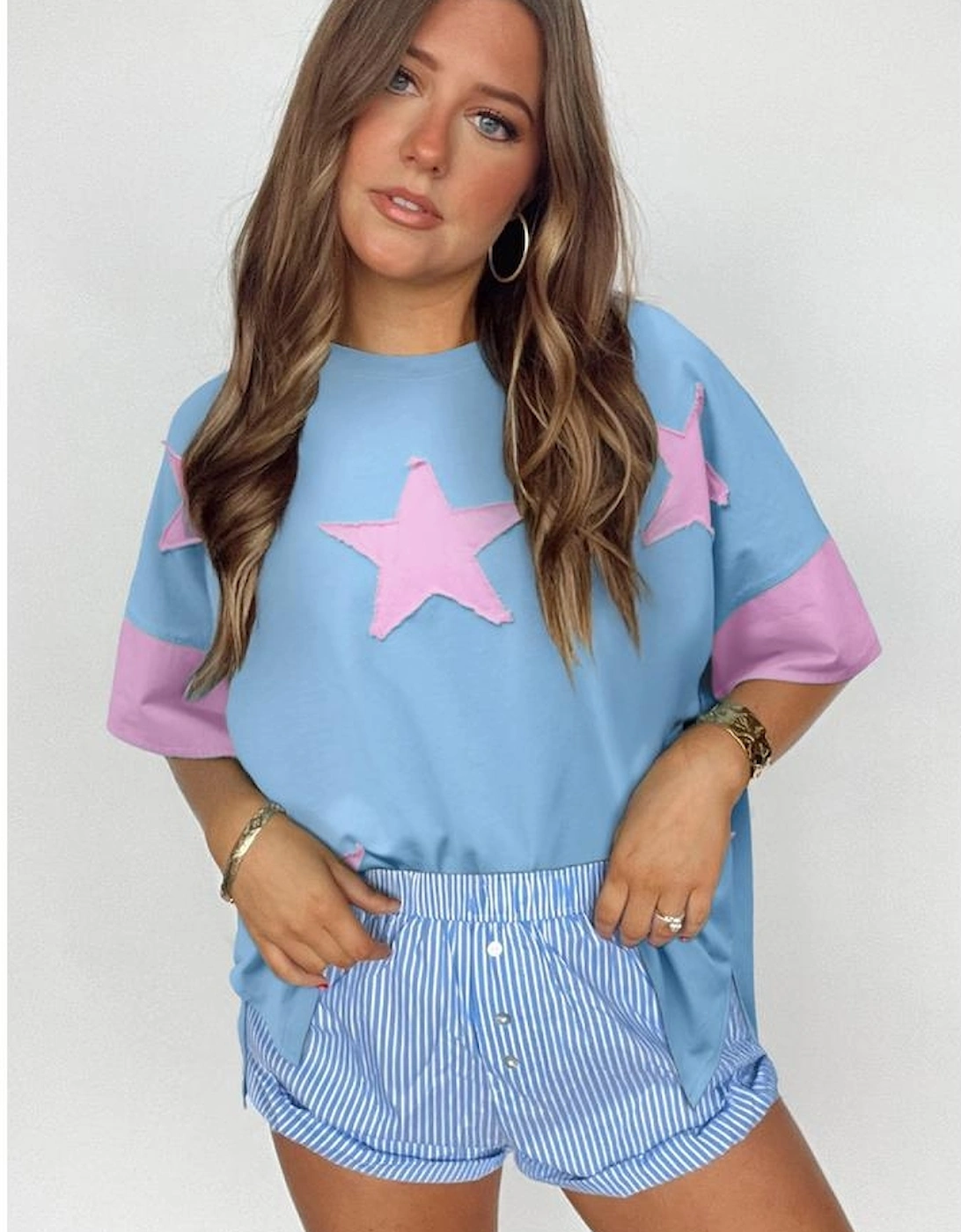 Myosotis Frayed Denim Star Patched Oversize T Shirt