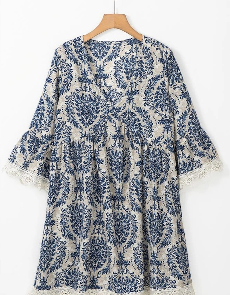 Sky Blue Vintage Printed Lace Trim V Neck 3/4 Sleeve Loose Dress