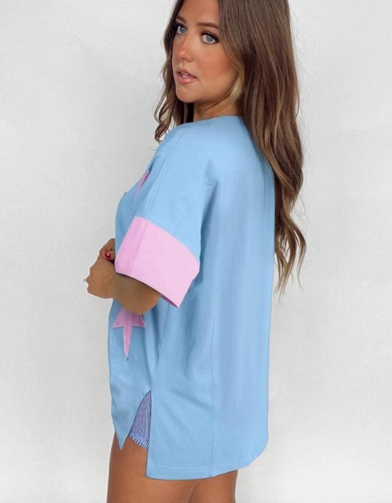 Myosotis Frayed Denim Star Patched Oversize T Shirt