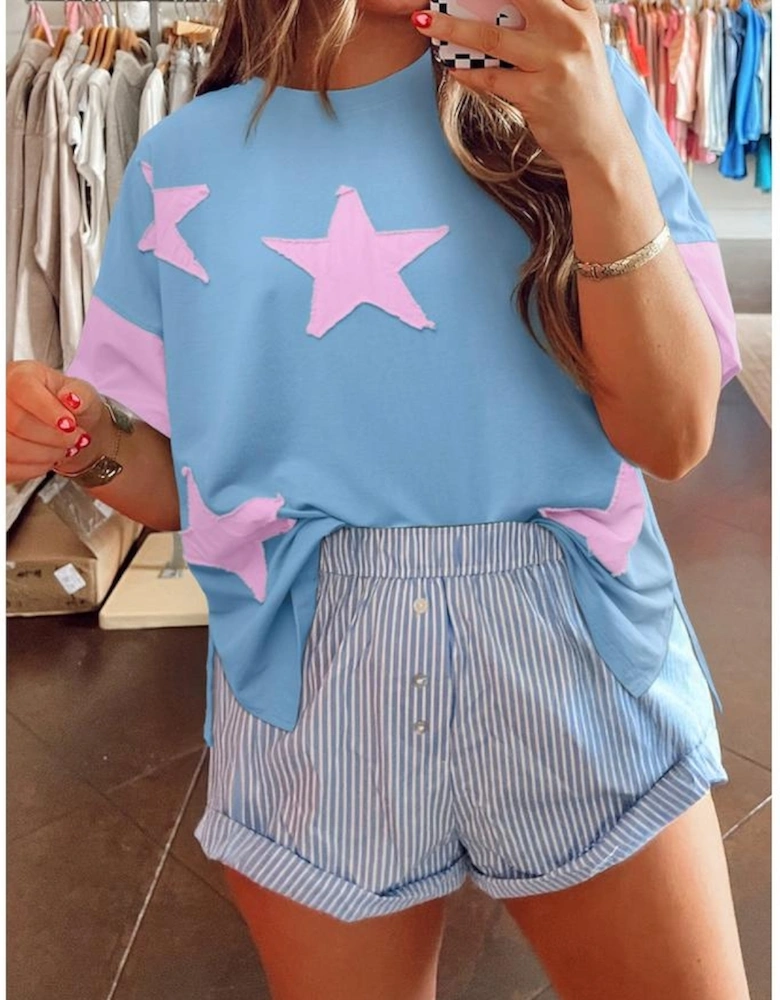 Myosotis Frayed Denim Star Patched Oversize T Shirt