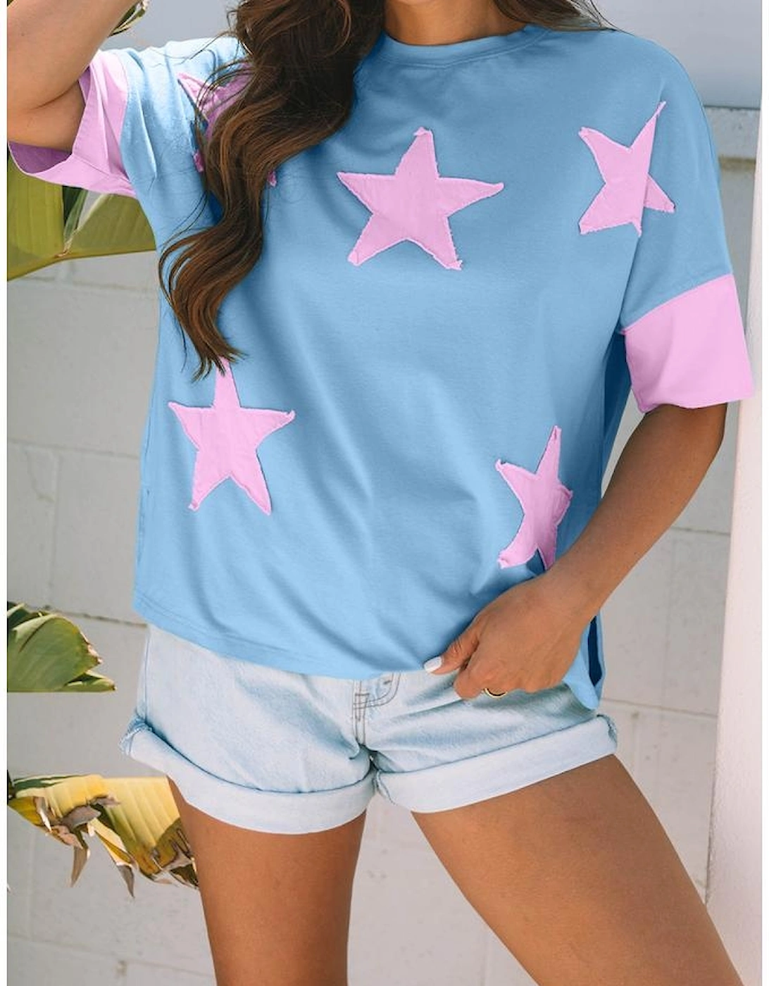 Myosotis Frayed Denim Star Patched Oversize T Shirt