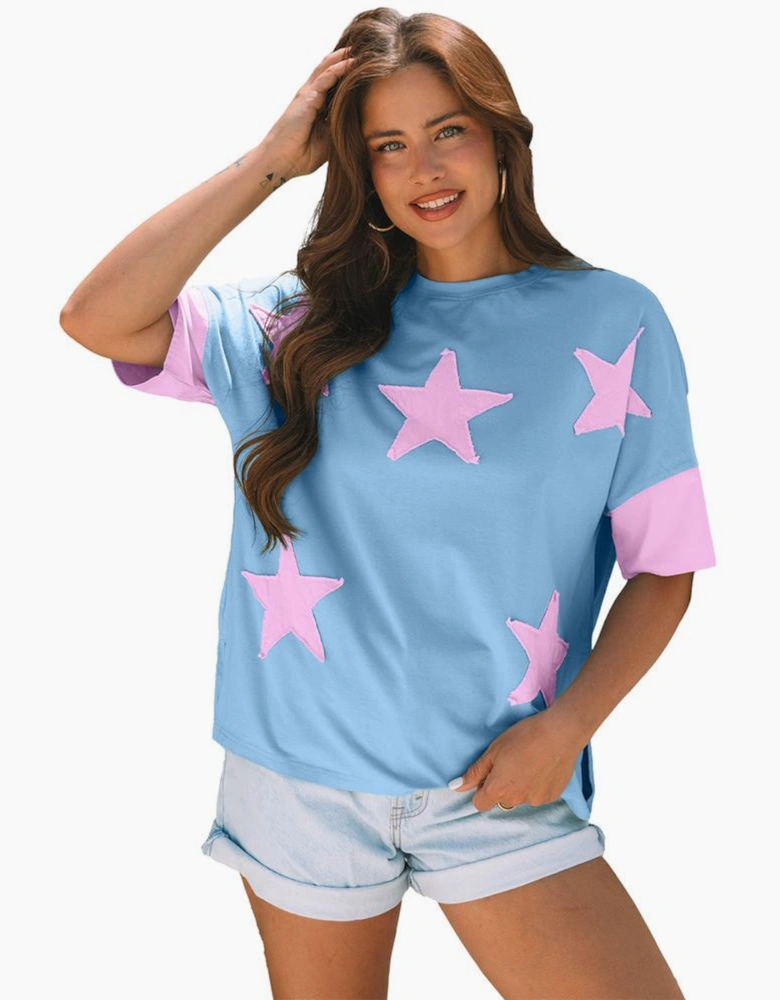 Myosotis Frayed Denim Star Patched Oversize T Shirt