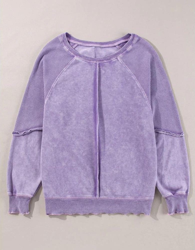 Orchid Petal Solid Waffle Knit Patchwork Raglan Sleeve Sweatshirt