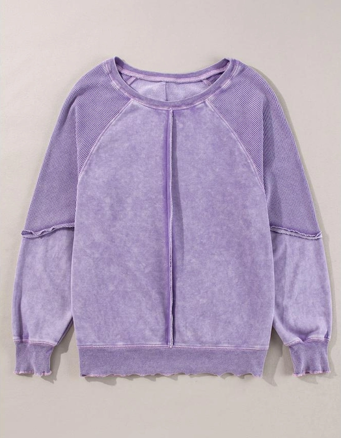 Orchid Petal Solid Waffle Knit Patchwork Raglan Sleeve Sweatshirt