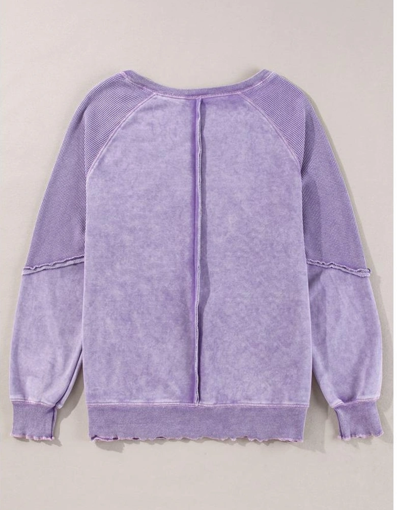 Orchid Petal Solid Waffle Knit Patchwork Raglan Sleeve Sweatshirt