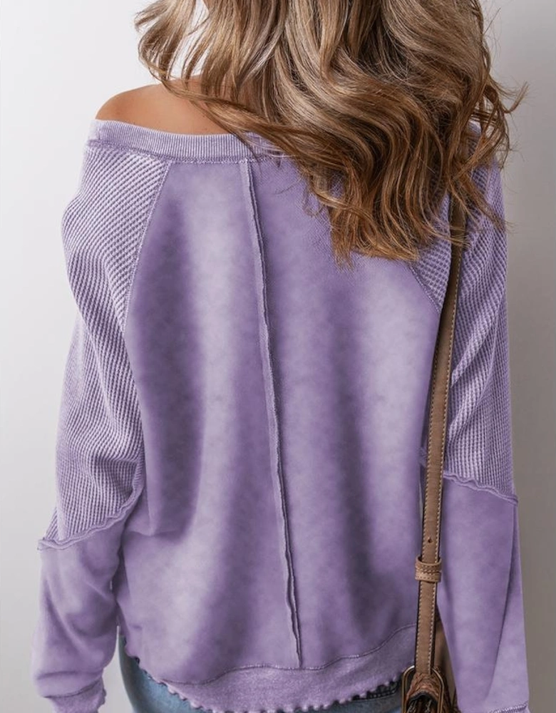 Orchid Petal Solid Waffle Knit Patchwork Raglan Sleeve Sweatshirt