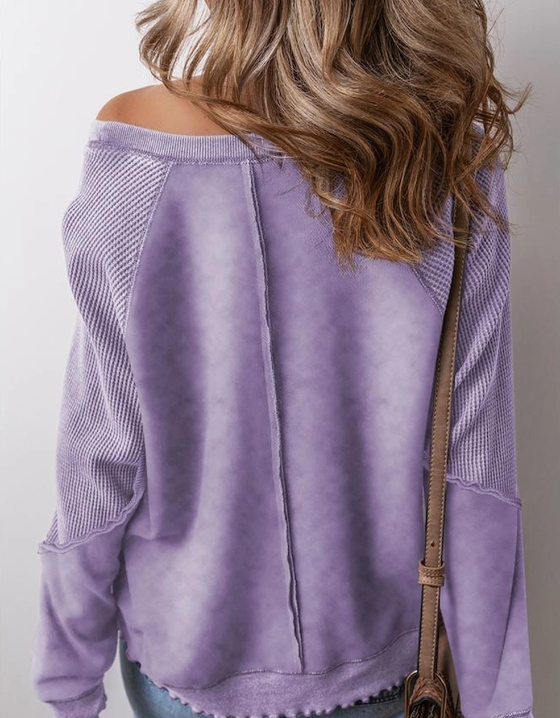 Orchid Petal Solid Waffle Knit Patchwork Raglan Sleeve Sweatshirt, 16 of 15