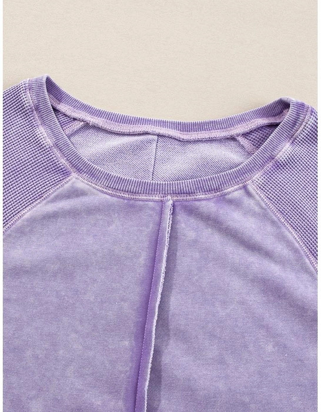 Orchid Petal Solid Waffle Knit Patchwork Raglan Sleeve Sweatshirt