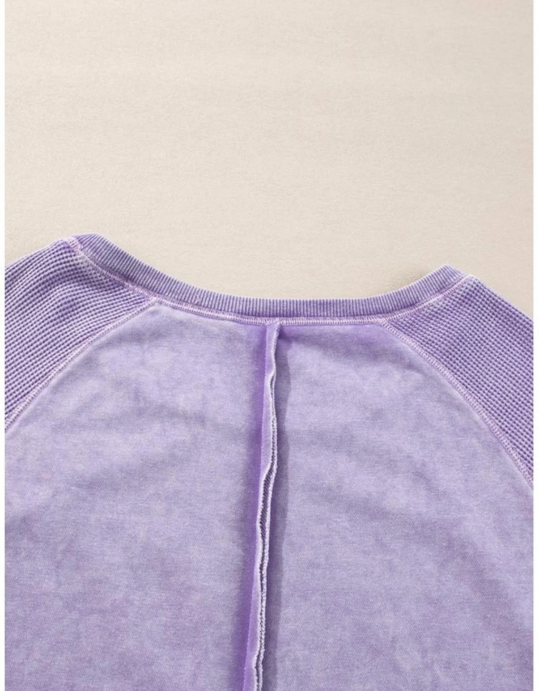 Orchid Petal Solid Waffle Knit Patchwork Raglan Sleeve Sweatshirt