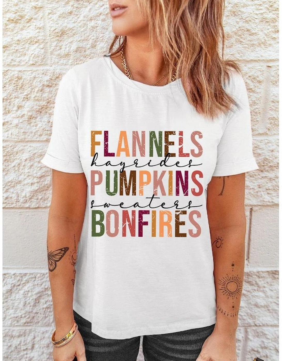 White FLANNELS PUMPKINS BONFIRES Crewneck Graphic Tee