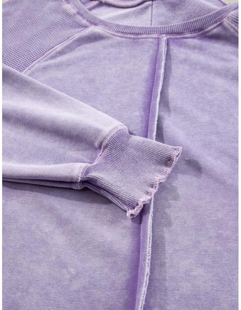 Orchid Petal Solid Waffle Knit Patchwork Raglan Sleeve Sweatshirt