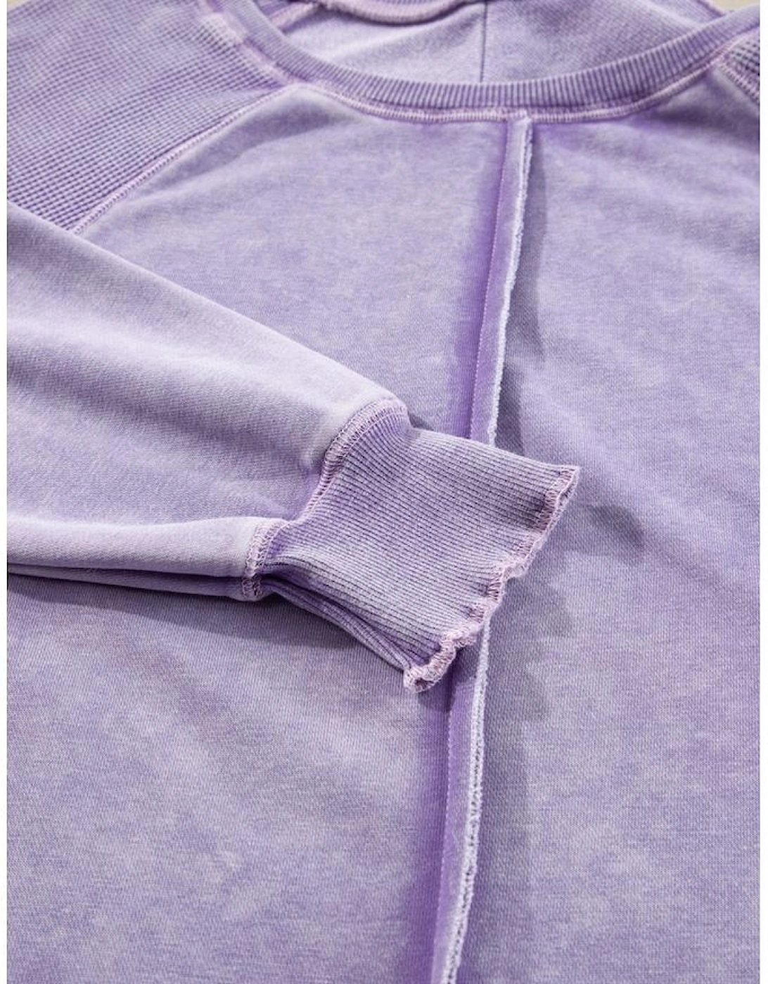 Orchid Petal Solid Waffle Knit Patchwork Raglan Sleeve Sweatshirt