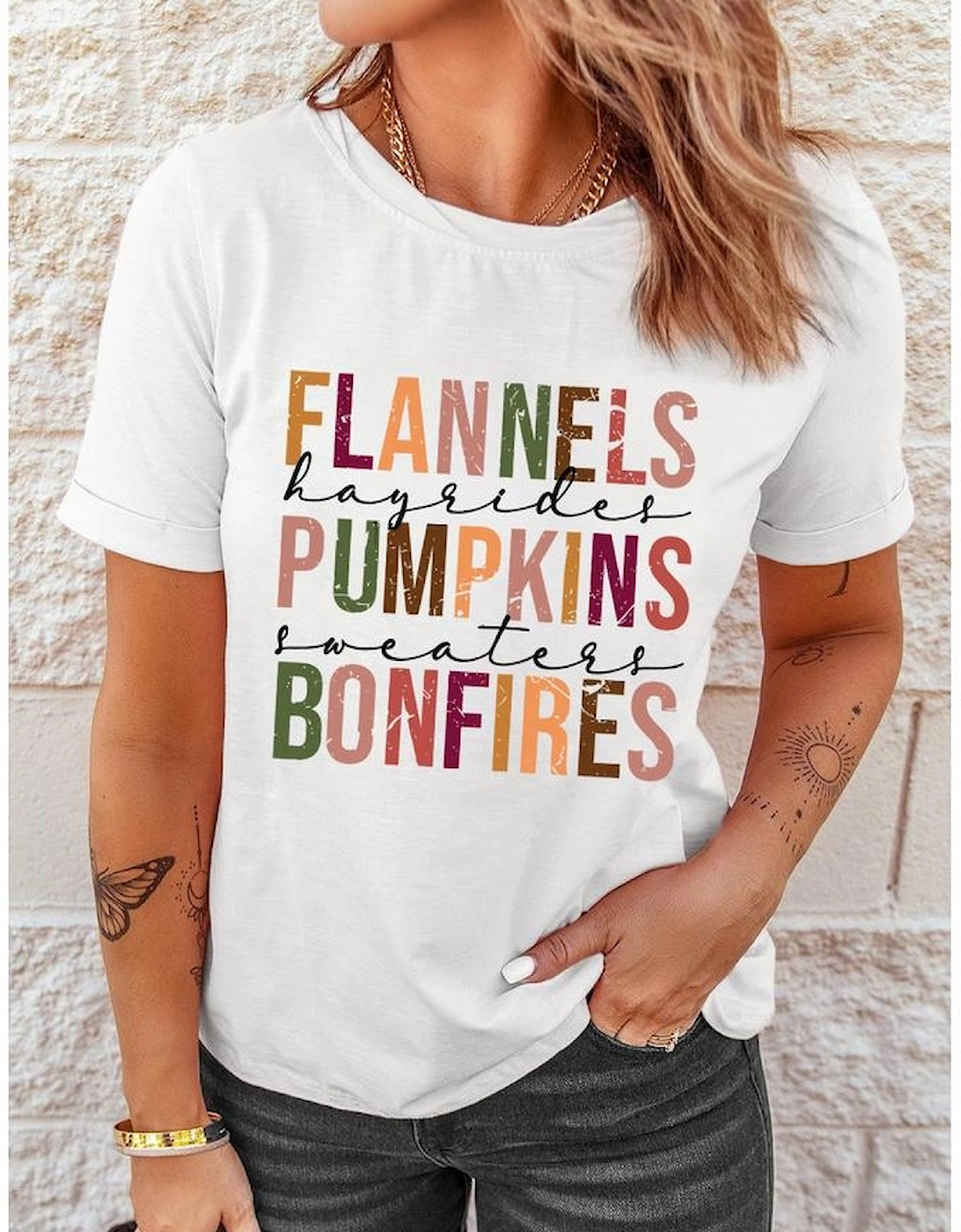 White FLANNELS PUMPKINS BONFIRES Crewneck Graphic Tee