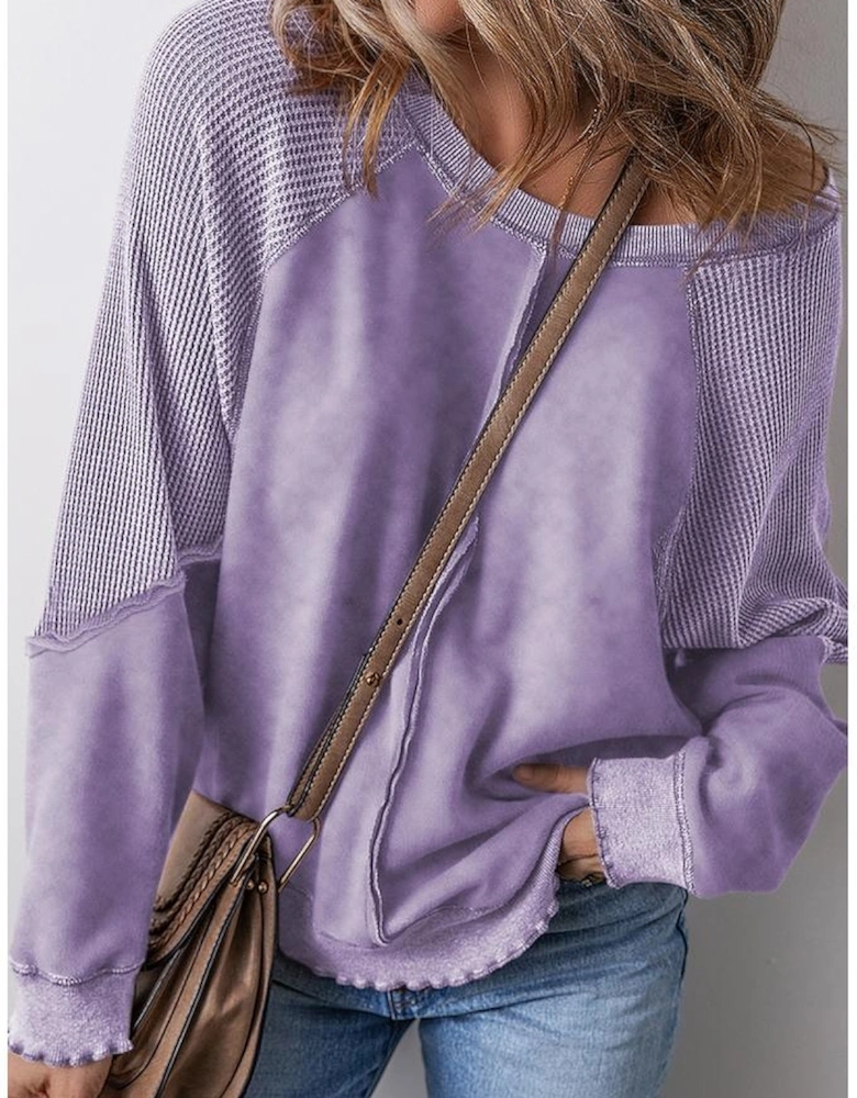 Orchid Petal Solid Waffle Knit Patchwork Raglan Sleeve Sweatshirt