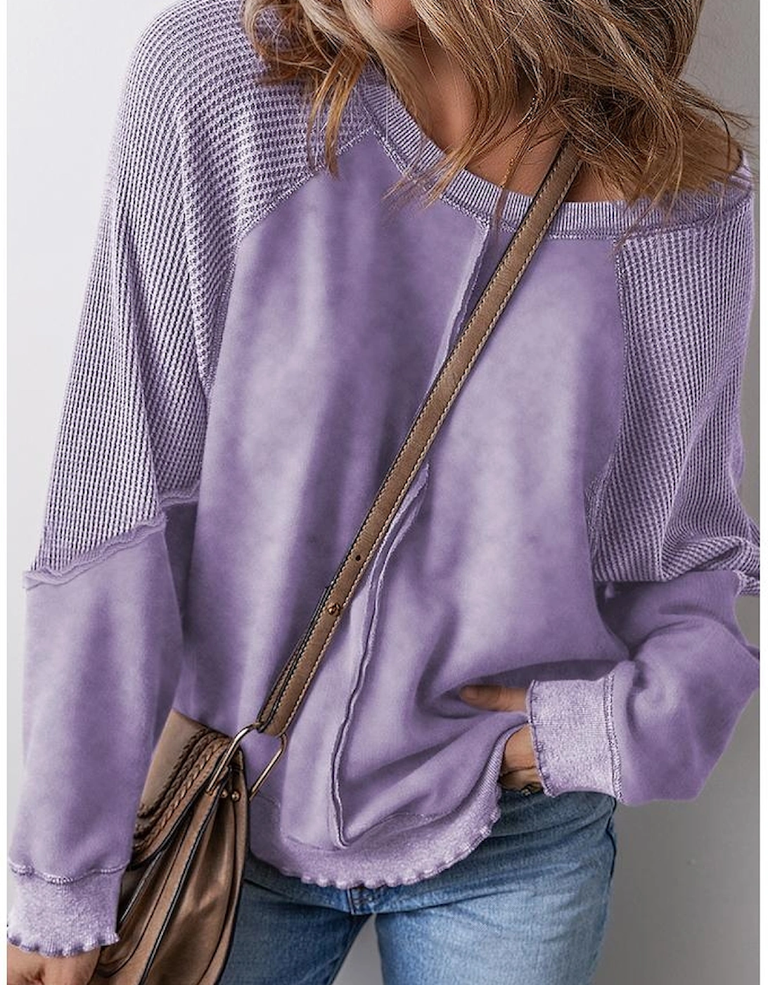 Orchid Petal Solid Waffle Knit Patchwork Raglan Sleeve Sweatshirt