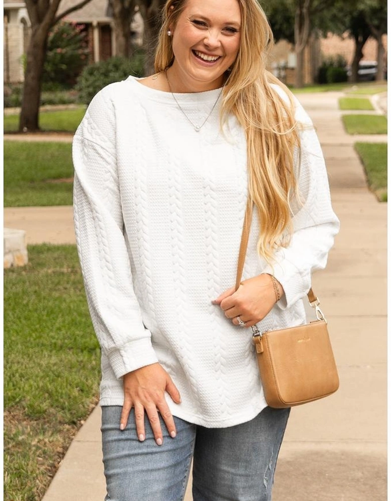 White Cable Textured Loose Plus Size Sweatshirt