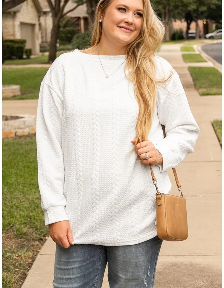 White Cable Textured Loose Plus Size Sweatshirt