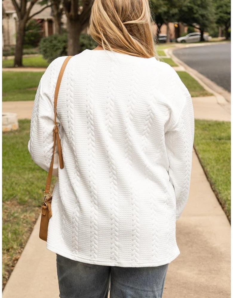 White Cable Textured Loose Plus Size Sweatshirt