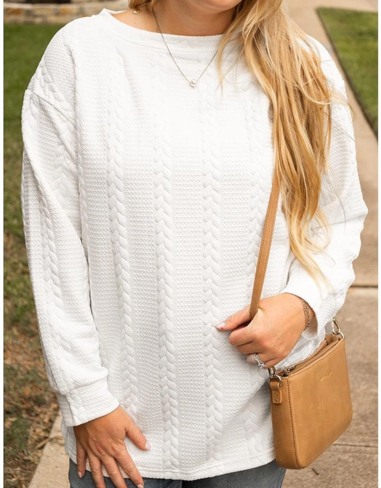 White Cable Textured Loose Plus Size Sweatshirt