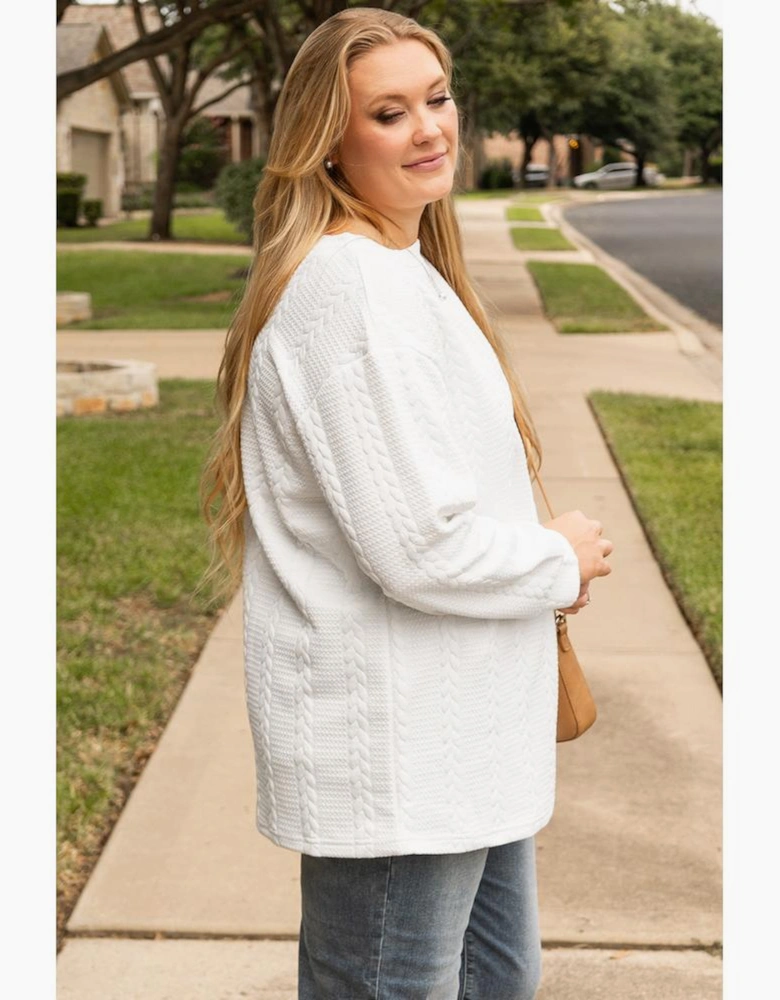 White Cable Textured Loose Plus Size Sweatshirt