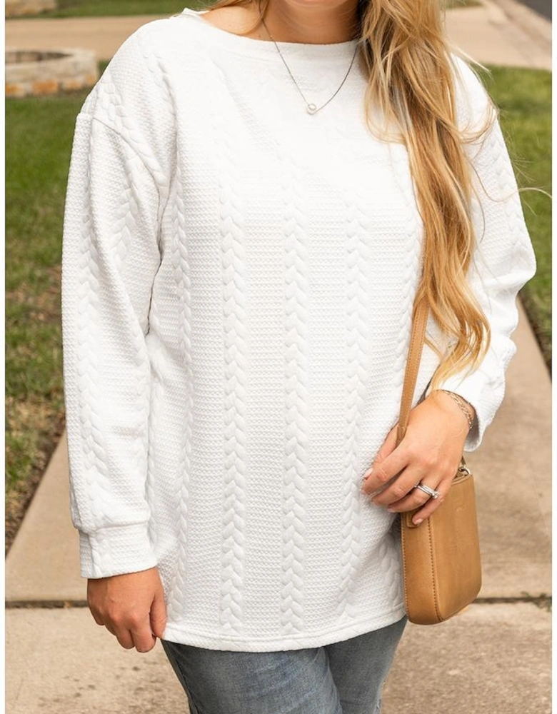 White Cable Textured Loose Plus Size Sweatshirt