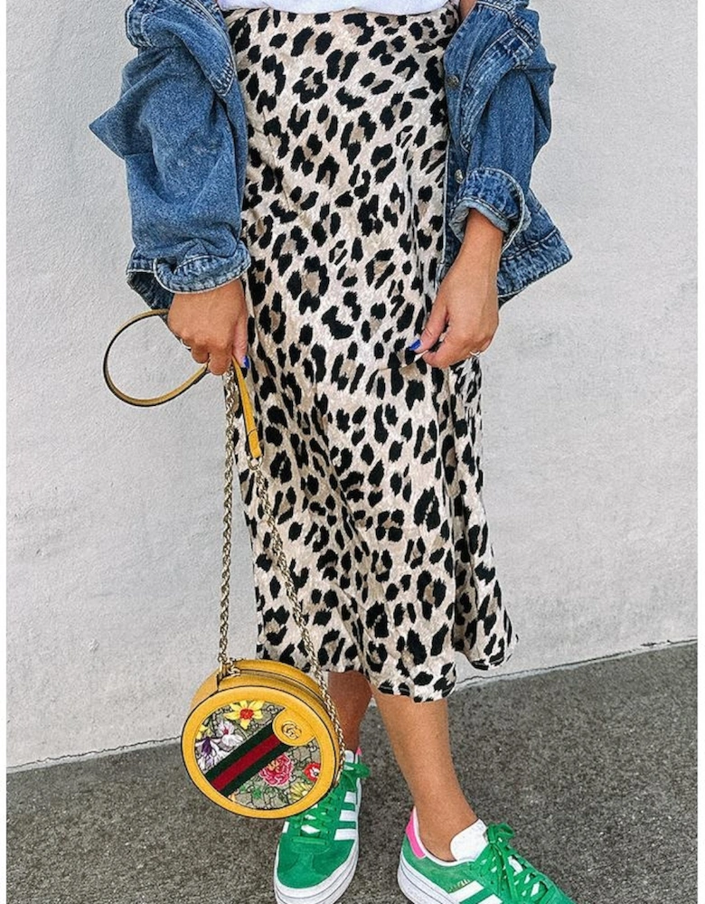 Brown Leopard Print High Waist Midi Skirt