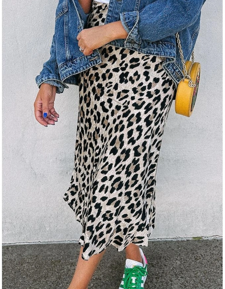 Brown Leopard Print High Waist Midi Skirt