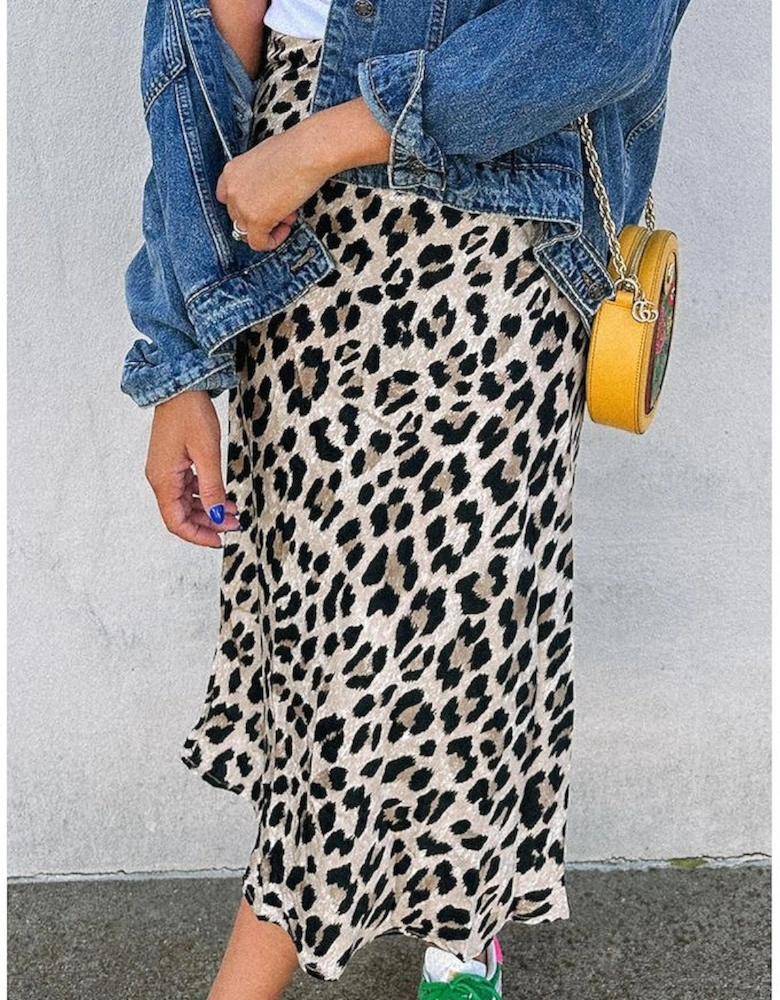Brown Leopard Print High Waist Midi Skirt