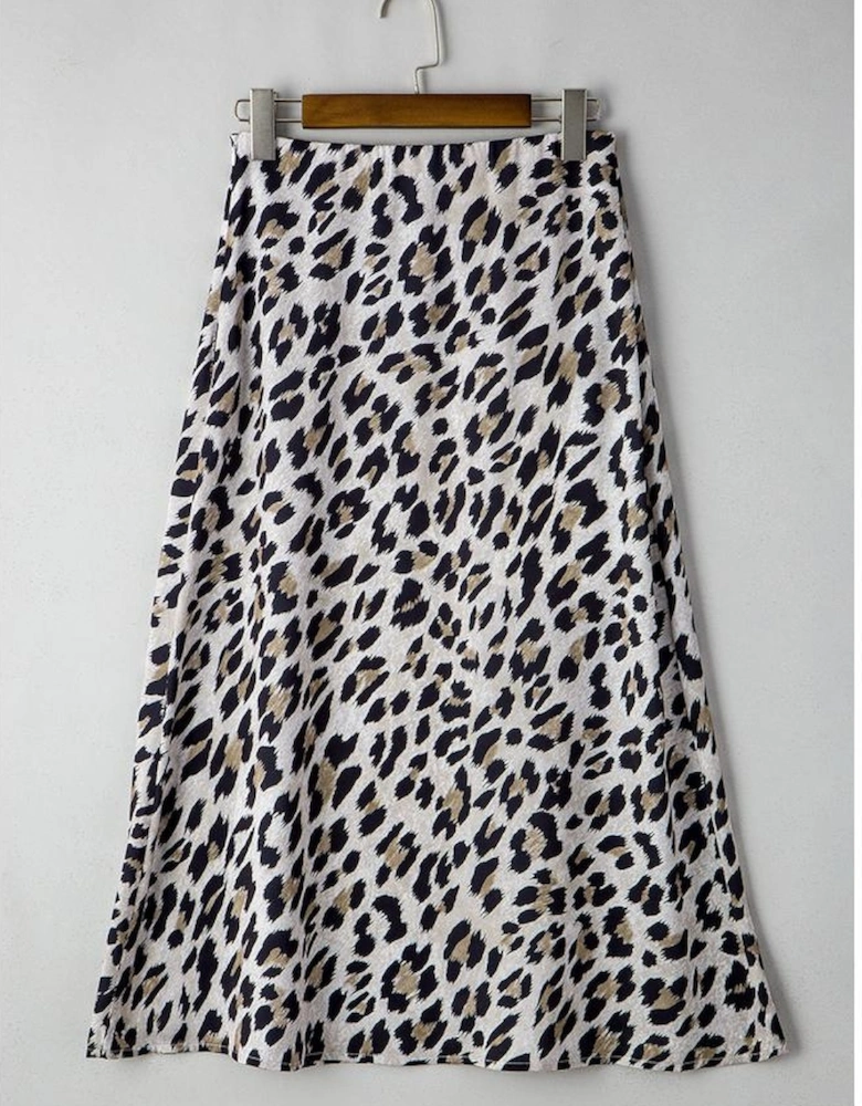 Brown Leopard Print High Waist Midi Skirt
