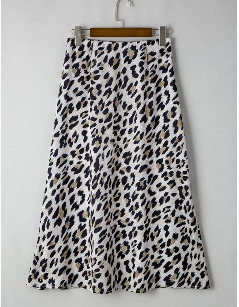 Brown Leopard Print High Waist Midi Skirt