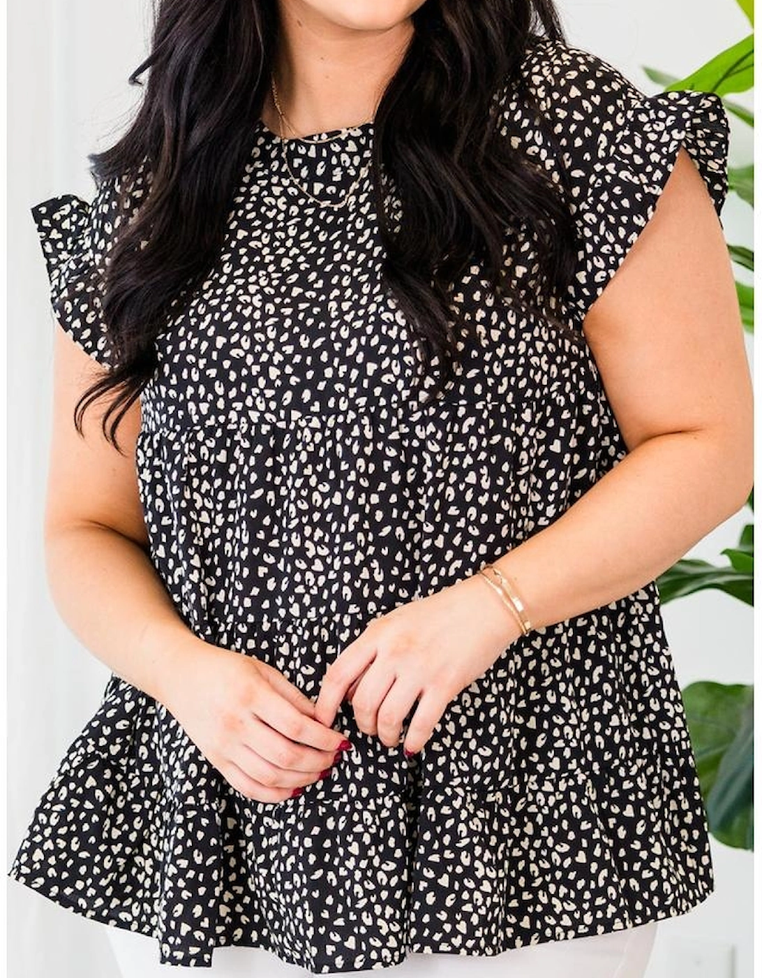 Black Leopard Print Ruffled Short Sleeve Keyhole Back Tiered Flowy Plus Size Blouse