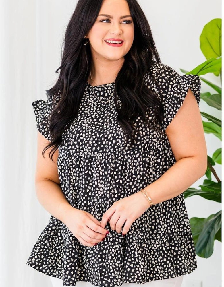 Black Leopard Print Ruffled Short Sleeve Keyhole Back Tiered Flowy Plus Size Blouse