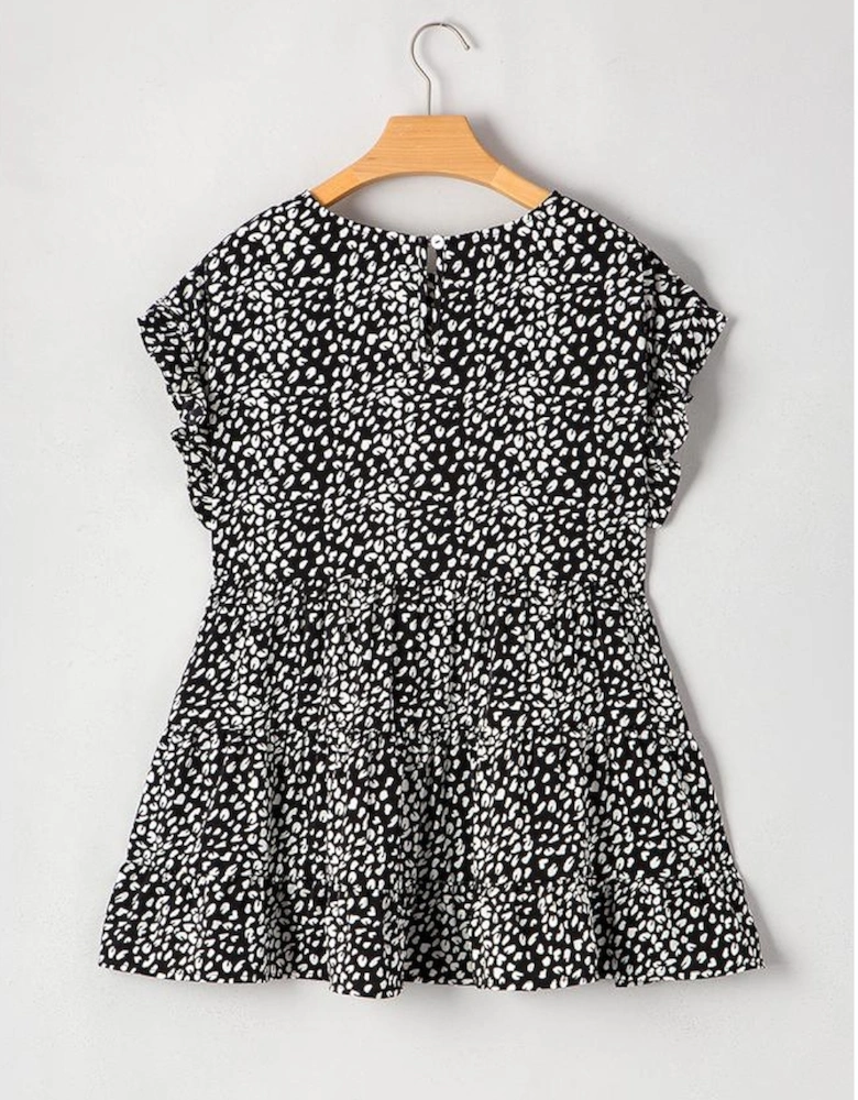 Black Leopard Print Ruffled Short Sleeve Keyhole Back Tiered Flowy Plus Size Blouse