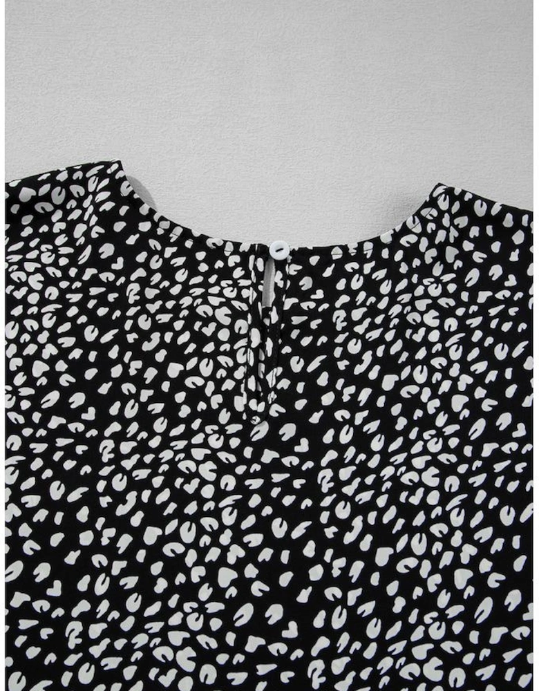 Black Leopard Print Ruffled Short Sleeve Keyhole Back Tiered Flowy Plus Size Blouse