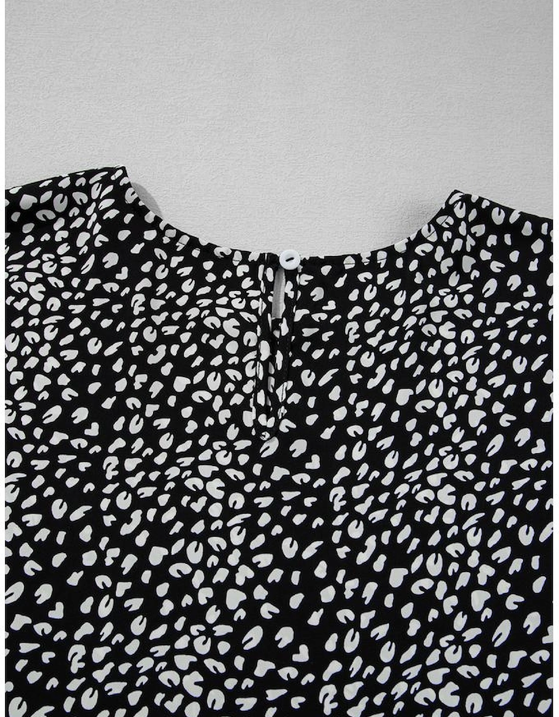 Black Leopard Print Ruffled Short Sleeve Keyhole Back Tiered Flowy Plus Size Blouse