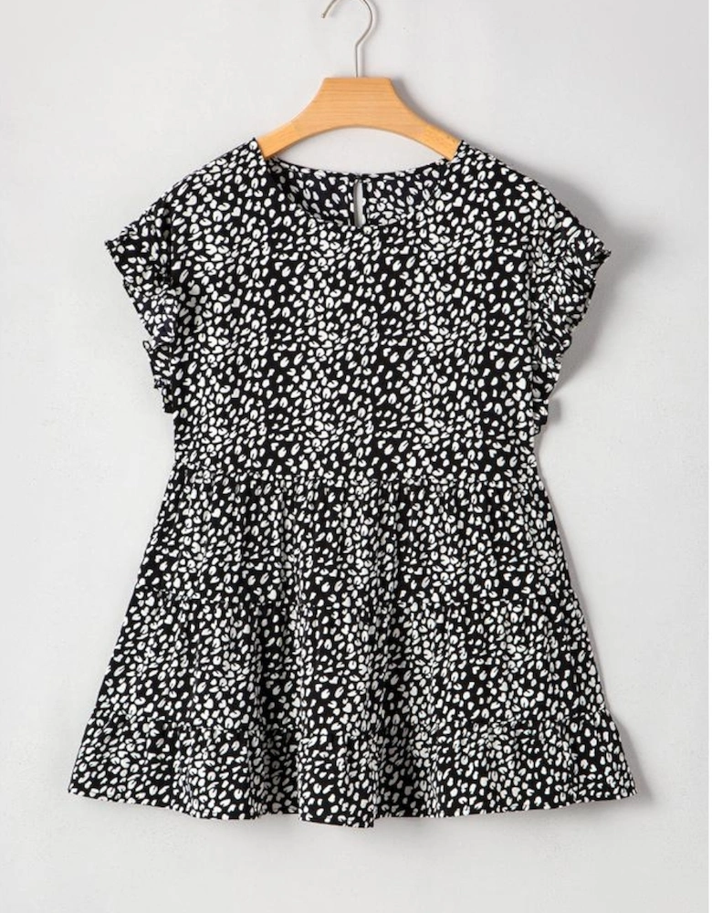 Black Leopard Print Ruffled Short Sleeve Keyhole Back Tiered Flowy Plus Size Blouse