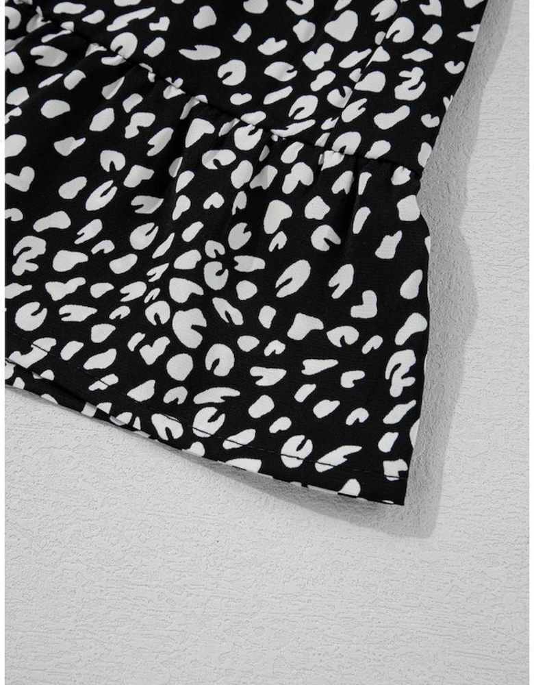 Black Leopard Print Ruffled Short Sleeve Keyhole Back Tiered Flowy Plus Size Blouse