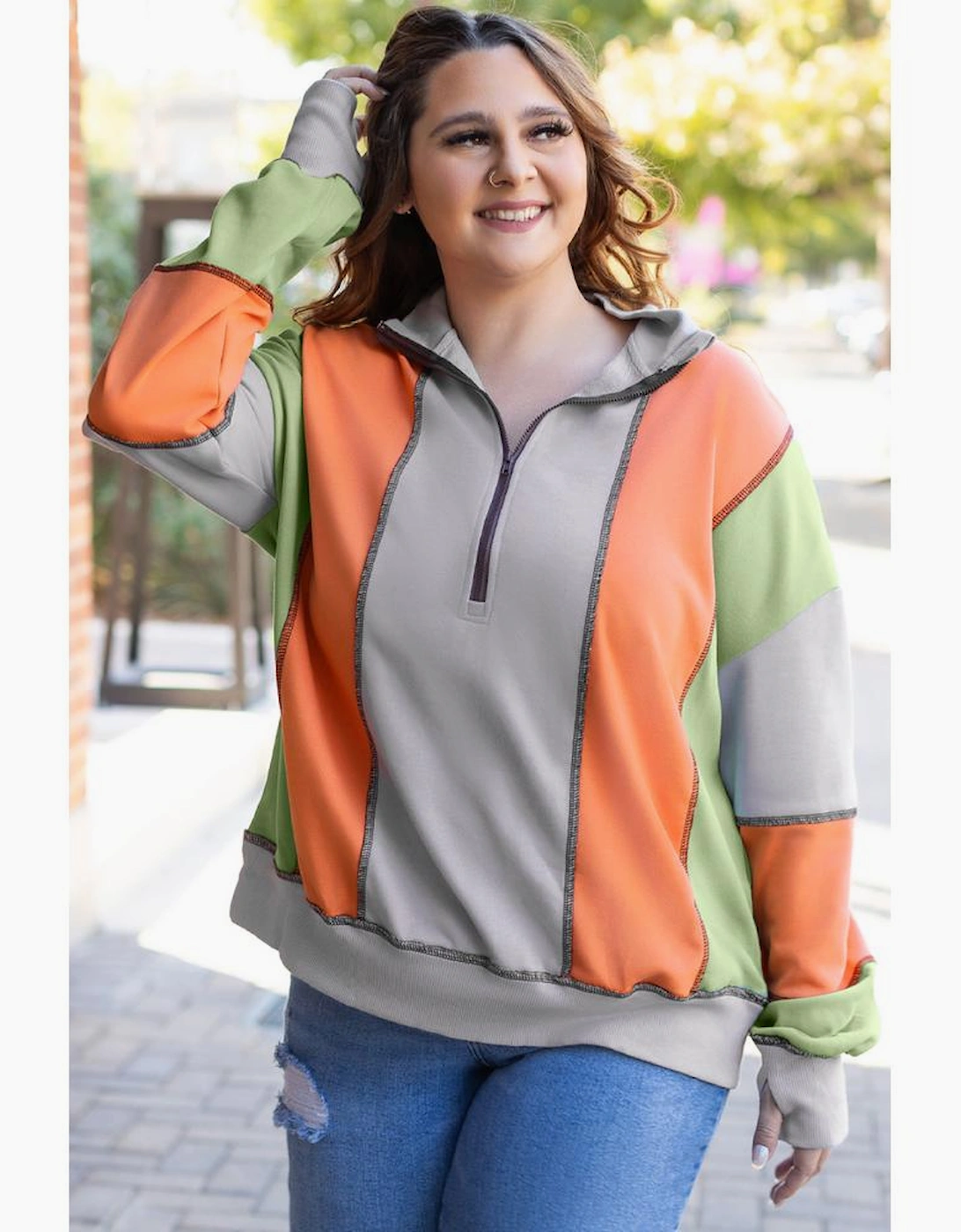 Light Grey Color Block Stitching Detail Half Zipper Sweatshirt