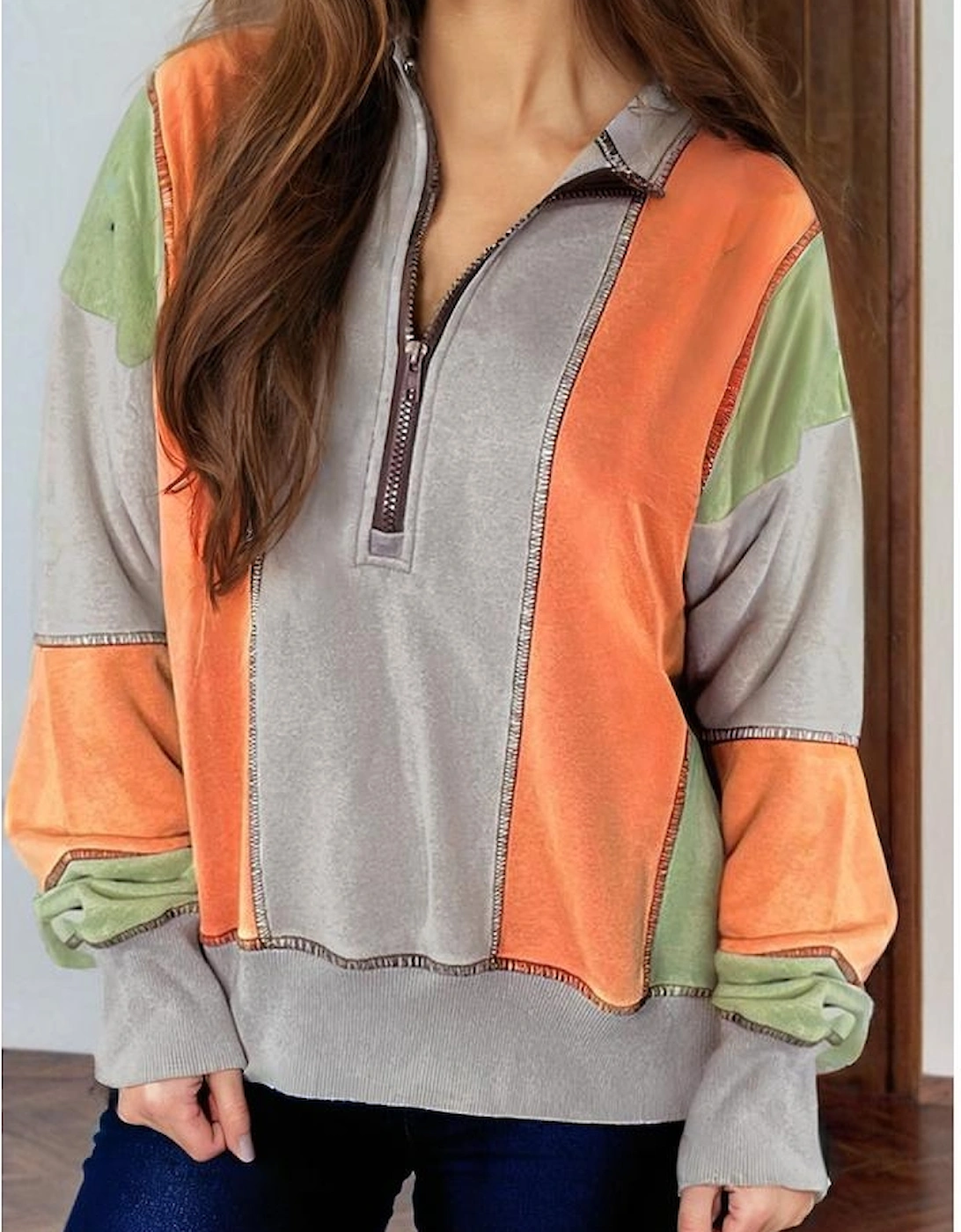 Light Grey Color Block Stitching Detail Half Zipper Sweatshirt