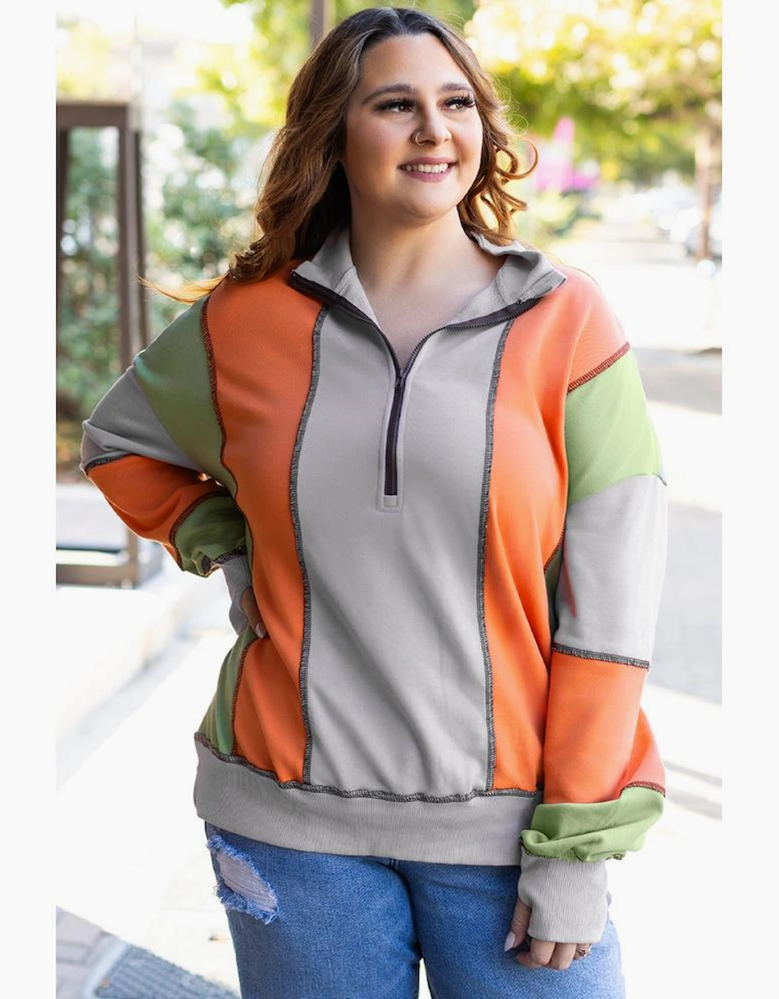 Light Grey Color Block Stitching Detail Half Zipper Sweatshirt