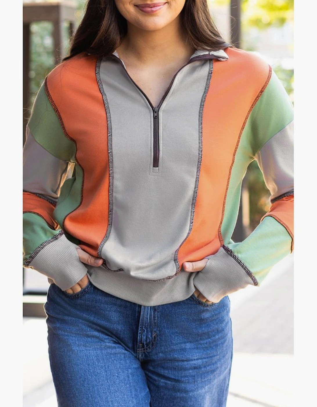 Light Grey Color Block Stitching Detail Half Zipper Sweatshirt